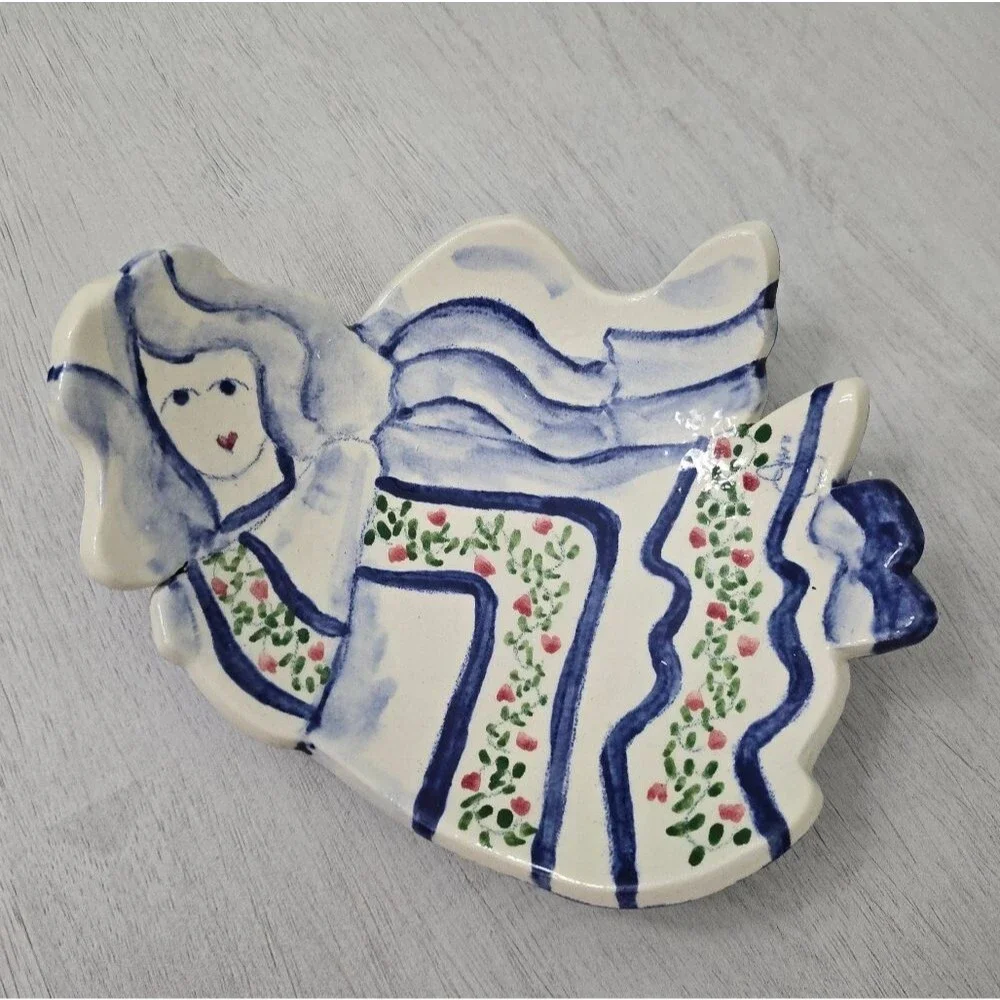 Angel Watercolor Painted Plate Dish White Blue Folk Art Pottery Signed